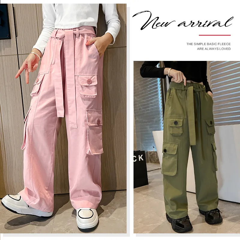 Fashion Cotton Cargo Pants for Teen Girls with Belt, Loose Style Kids Sport  Running Trousers for Teens, 5-14 Years