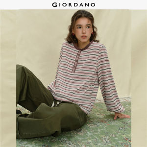 Giordano Women Contrast stripe long sleeve loose t-shirt Free Shipping 18325624
