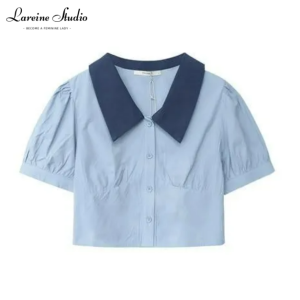 LAREINE Korean Style Womens Polo Shirt Cropped Puff Sleeve Polo Collar Shirt
