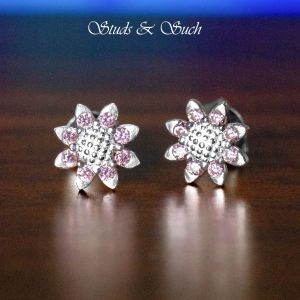 [Studs & Such] 925 Silver Mini Sunflower Stud Earrings With Light Pink Cubic Zirconia