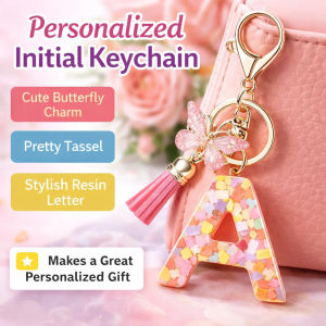 Pink Sparkle Resin Keychain 26 Alphabet Letters With Butterfly Charm Girlfriend Best Friend Gift Cute Girly Accessories