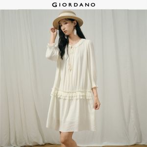 Giordano Women Tie neck ruffle collar 3/4 sleeve midi dress Free Shipping 18466526