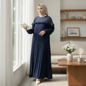 CARLINA NAZWA GAMIS JUMBO PLISKET KOMBINASI ONDE POLKADOT WANITA MAXI MEWAH