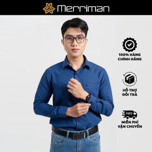 MERRIMAN SALE - Áo Sơ Mi MERRIMAN Tay Dài Màu Xanh Dương Họa Tiết Trơn Form Slim Fit Lai Bầu