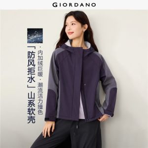 GIORDANO Women Jackets Softshell Fleece-Lined Hooded Windbreakers Contrast Raglan Sleeve Fashionable Casual Jackets 13376768