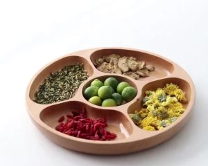 5 Sectional Tray Wooden Divided Serving Platter Dishes Round Food Serving Tray for Party Chip and Dip Serving Bowls for Appetizers Veggies Candy and Snacks Dessert Tableware Kitchen Decor (25cm)