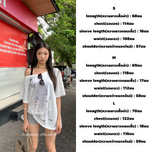 ❣Fortunee ❣เสื้อยืดแขนสั้นผ้าบางพิมพ์ลายเสือแบบวินเทจ เปิดไหล่ข้างเดียว แฟชั่นหน้าร้อนรุ่นใหม่