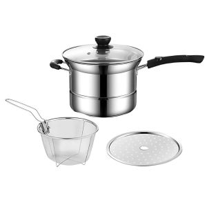 SEJUE4373 with Frying Basket and Steamer Deep Fryer Pot Stainless Steel Japanese Stockpot Kitchen Cookware Visible Lid Pasta Pot Tempura