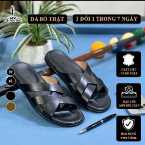Dép Nam Quai Ngang Da Bò Thật Đế Đúc Nguyên Khối Full Đen Hàng Cao Cấp Full Bill Box ( DNV09)