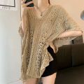 Somi RTW V-neck Side Drawstring Hollow Out Crochet Cover Up Oversize Knitted Beach Top M1328. 