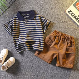 0-5 tahun setelan jas anak laki Musim panas Garis-garis kaos polo set pakaian bayi katun Set dua potong casual tampan pakaian anak