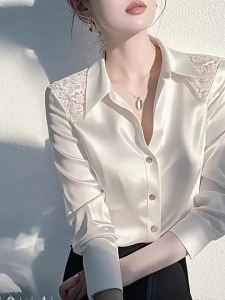 WomenS Satin White Shirt And Blouses Casual Long Sleeve Button Up Elegant Top All-Match French Style Solid Blouses