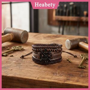 Heabety Bộ vòng tay da bện quấn cổ tay cho nam phong cách vintage hạt gỗ trang trí hình lông vũ và bánh lái vòng đeo tay dân tộc bộ lạc dây thừng.