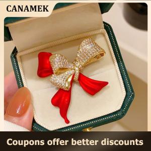 【 CANAMEK 】 Fashion Rhinestone Red Bow Brooches For Women Clothing Coat Party Jewelry Accessries Gifts