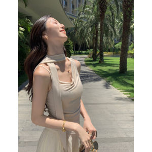 Womens Asymmetric One Shoulder Draped Top with Scarf Detail Ruched Slim Fit Sleeveless Cowl Neck Top