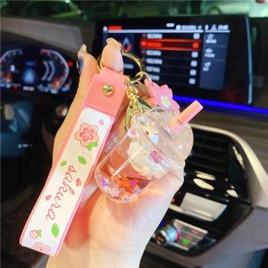 ZOATAAL Sakura Thỏ Túi Dây Chuyền Nổi Di chuyển Chất Lỏng Cát lún Thỏ Trà Sữa Cup Keyring Vòng chìa khóa BOBA Keychain Chất lỏng Keychain