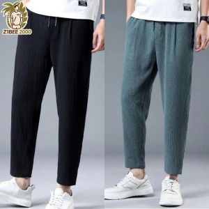 Z1BEE【M-5XL】 Mens Breathable Linen Trousers - Thin Straight-cut Summer Pants Plus Size Versatile Casual Wear Black Grey Green