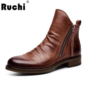 RUCHI Original Leather Boots Men Autumn Shoes Male Leather Zipper Casual Chelsea Boots Men Comfy Anti-Slip Lace-up Boots Size 38-48