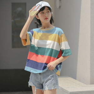 SHUFU 2220 พร้อมสต็อก สำหรับผู้หญิง โอเวอร์ไซส์ แขนสั้น ฝ้าย เสื้อยืดลาย ท็อปเกาหลี พลัสไซส์