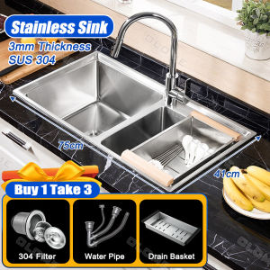 [Upgrade thicken]  SUS 304 stainless kitchen sink 2 Stainless Steel Handmade Sink Dual Slot Black Sink Stainless for Kitchen 3mm Thickened Bar Sink SUS304 Single/Double Sink Silver/Black Stainless Sink Size Good Quality