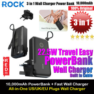 Rock Wall Charger 22.5W Power Bank 10000mAh Travel Portable with Multiple Built in Cable USB C and US UK EU Plugs