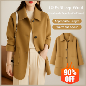 Double-Sided Cashmere Overcoat/Japanese Design Wool Coat Women/Handmade Pure Wool Large Pocket Winter Elegant Outerwear/Mid-Length Loose Coat Plus Size 冬季羊毛大衣女士 加大码