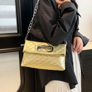 JEAWR ลายตาราง กระเป๋าถือพับได้ สีทึบทึบ สไตล์เกาหลีแบบ กระเป๋าคลัทช์ตอนเย็น ง่ายๆ กระเป๋าใส่โทรศัพท์ กระเป๋าสะพายไหล่สายโซ่ สำหรับผู้หญิง