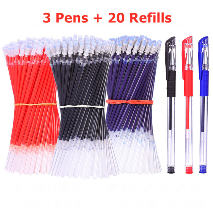 3 Gel Pens + 20 Refills Set 0.5mm Black Blue Red Ink Journal Writing School Supplies Stationery