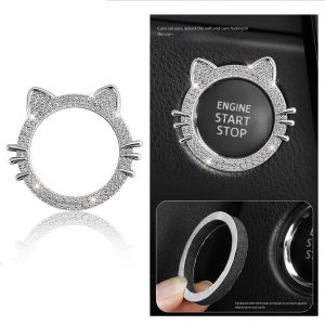 Sparkling Cat Water Diamond Inlaid Car Engine Start Button Cover – Self-Adhesive Decorative Protection Ring Universal Fit – Auto Interior Accessory