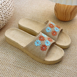 [Free Shipping] New Fabric High-Heeled Linen Slippers For Women Suitable For Summer Indoor Use With Thick Soles Non-Slip Design And Can Be Worn Both Indoors And Outdoors