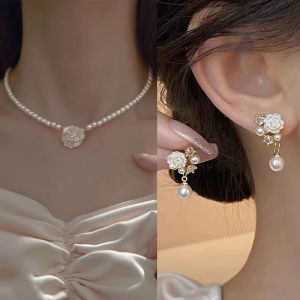 Korean Camellia Stud Earrings Camellia Necklace Set White Flower Camellia Pearl Classy Elegant Earrings Pearl Earrings Shiny Diamond Flower Ear Stud for Girls