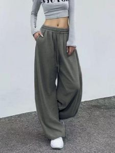 Wide Leg Sweatpants for Women Korean Style Elastic Waist Drawstring Trousers Loose Fit Casual Joggers with Pockets Non Plus Size Regular Standard Size Aesthetic Daily & Loungewear for 18-35 Ladies