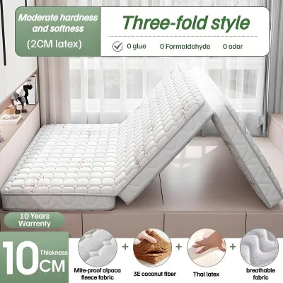 YADUO 3-Fold Tatami Coconut Coir Latex Foldable Bed Mattress Single/S.Single Breathable Anti-Mite Portable Floor Bed