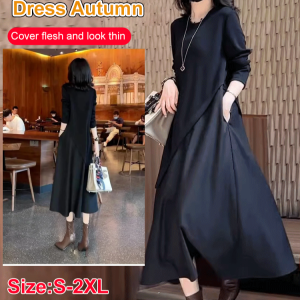 Black Fake Two Piece Dress Round Neck Long Sleeve Womens Slim Dresses