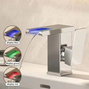 Basin Waterfall Style All-copper LED Light Luminous Faucet Bathroom Above Counter Basin Household Hot and Cold Water Faucet