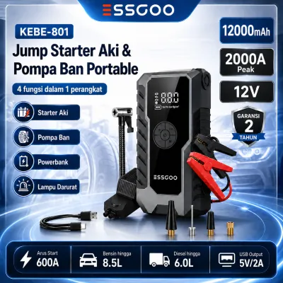 ESSGOO KEBE-801 12000 mAh Jump Starter Aki Powerbank Pompa Angin Portable Jumper Aki Mobil