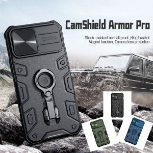 iPhone 14 / Pro / Max / Plus /13 - Nillkin Camshield Armour Pro Magnetic Full Coverage Casing Case Anti Slip Drop Button Protection Protective Ring Holder Stand Kick Bracket Wireless Charging Outdoor travel rugged shock resistant Camera lense sliding