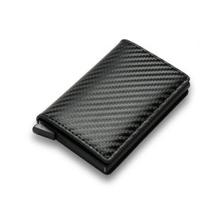 RFID Card Holder Blocking Protected Atm Card Holder Carbon Fiber Leather Aluminumm Wallet For Men Slim Leather Vintage Automatic Side Slide Trigger Card Case Mens Wallet
