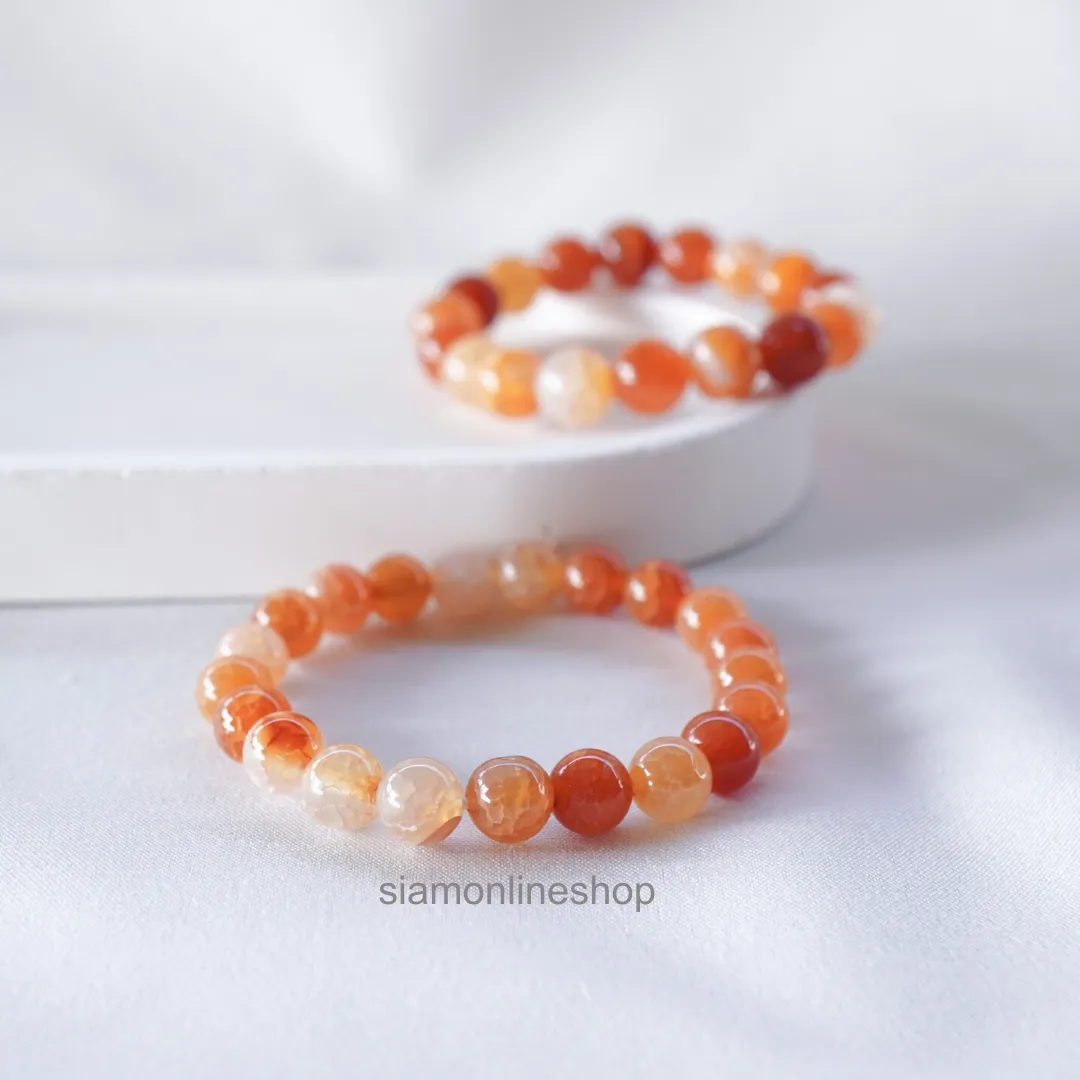 Orange Cracked Agate Stone หินมงคล หินเกล็ดมังกรสีส้ม เลือกขนาดเม็ดหินได้ (6-12 มม.) สร้อยข้อมือหินแท้