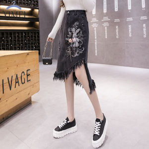 YIMEI Chân Váy Denim Cạp Cao Bất Đối Xứng Mới Chân Váy Midi Chữ A Thu Đông Màu Đen Hình Gấu Hoa Ba Chiều