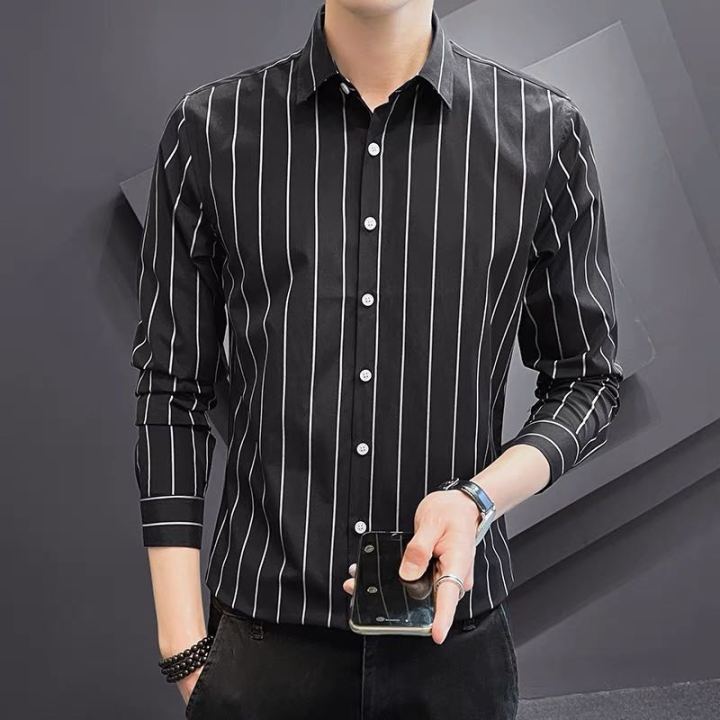 MPJ Black Striped Business Shirt Thin ice silk Polo Shirts Long Sleeve  Lazada PH