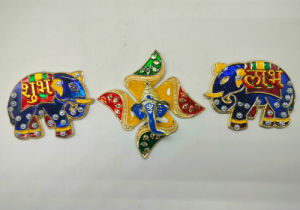 Acrylic Elephant Swastik Stickers | Shubh Labh Stickers | Pooja Décor and Festival Décor | Home Décor | Gifting (Size - 2 inches | 3 Piece set)