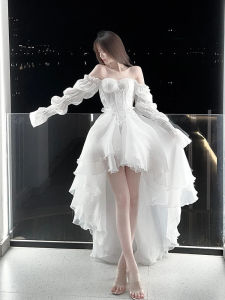 REDDACHiC Princess Trailing Party Gown Women White Floral Embroidery Puff Sleeves Lace Up Backless Hi-LoDress Wedding Gown