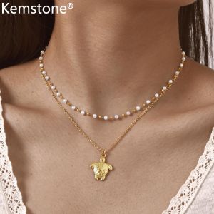 Kemstone Oceanic Turtle Pearl Double Layer Necklace Stainless Steel Summer Beach Jewelry Boho Charm for Women