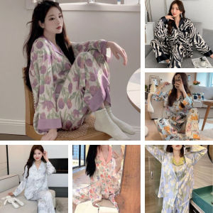KODUS หลวมหลวมๆ ชุดนอนชุดสตรี คาร์ดิแกน ผ้าไหมน้ำแข็งน้ำแข็ง ชุดนอนแขนยาว หรูหราสุดหรู หวานหวานแหววว ชุดนอนสองชิ้น ใบไม้ผลิใบไม้ร่วง