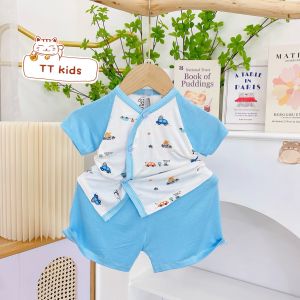 Bộ quần áo sơ sinh thun lạnh ngắn tay khuy chéo màu in hình đáng yêu cho bé từ sơ sinh đến 9kg