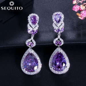 SEQUITO Free Shipping Luxury AAA Cubic Zirconia Long Water Drop Dangle Earrings for Wedding Women 18K White Gold Plated Bridal Jewelry Accessories SE078
