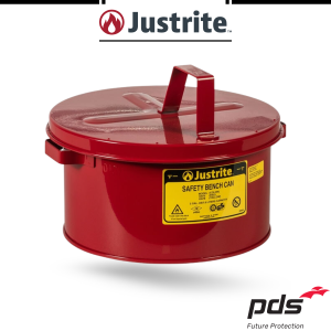 Justrite High-Quality Safety Bench Can with Perforated Dasher Plate 1 Gallon Fire-Resistant & Safety-Armed Metal