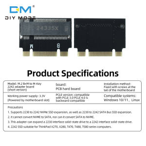Diymore M.2 NVMe m-key B + M 2230 đến 2242 Bộ chuyển đổi mở rộng cho ThinkPad X2