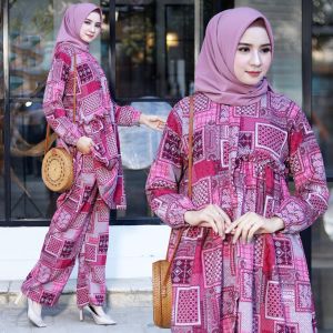 Fya Shope -Stelan Baju Tunik & Celana Wanita Muslimah Blouse Lengan Panjang App Kriwil Fashionable Baju Mewah Elegant Baju Tunik Wanita Busui Set Ainun / Good Quality / Best Seller / Real Pict
